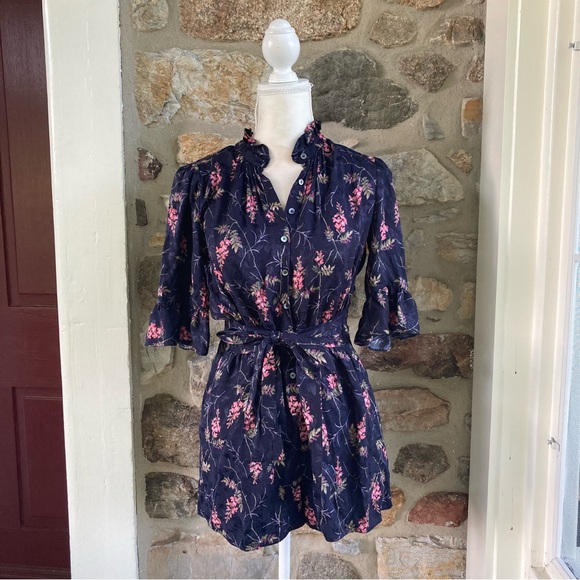 Rebecca Taylor Ivie Short-Sleeve Floral-Print Romper Navy Combo Womens 4 - Picture 3 of 16